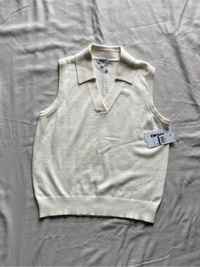 DKNY Cream V-Neck Knit Polo Sweater Vest